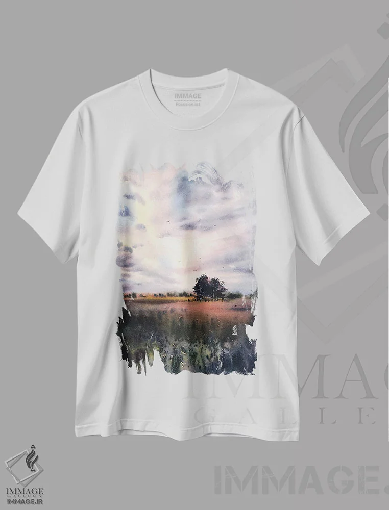 تیشرت سفید طرح دار مزرعه و ابرها II، هنر فاخر معاصر اثر هوم لایک آرت | فروشگاه ایماژ