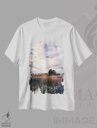 تیشرت سفید طرح دار مزرعه و ابرها II، هنر فاخر معاصر اثر هوم لایک آرت | فروشگاه ایماژ