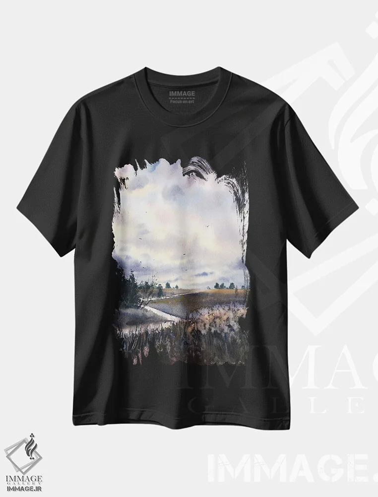 تیشرت مشکی طرح دار مزرعه و ابرها III، هنر فاخر معاصر اثر هوم لایک آرت | فروشگاه ایماژ