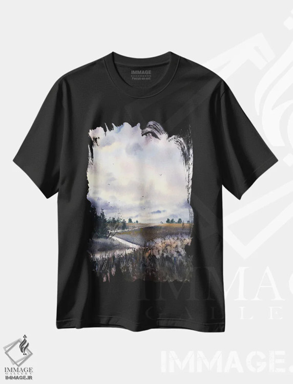 تیشرت مشکی طرح دار مزرعه و ابرها III، هنر فاخر معاصر اثر هوم لایک آرت | فروشگاه ایماژ