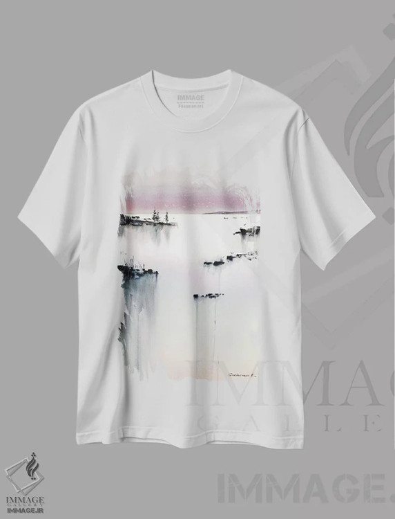 تیشرت سفید طرح دار صورتی شامگاهی I، هنر فاخر معاصر اثر هوم لایک آرت | immage.ir