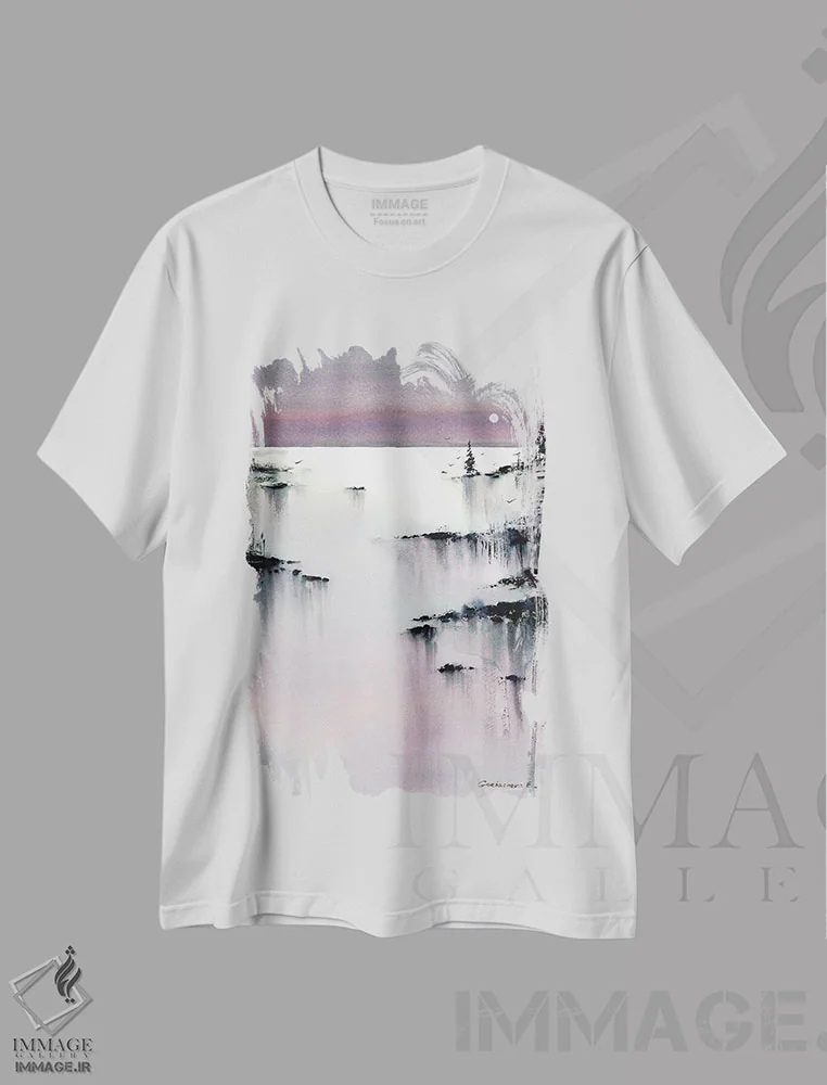 تیشرت سفید طرح دار صورتی شامگاهی II، هنر فاخر معاصر اثر هوم لایک آرت | فروشگاه ایماژ