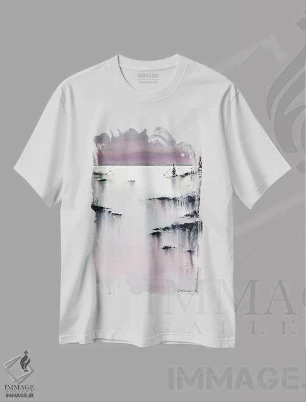 تیشرت سفید طرح دار صورتی شامگاهی II، هنر فاخر معاصر اثر هوم لایک آرت | فروشگاه ایماژ