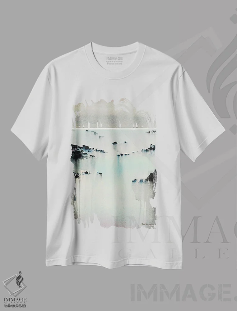 تیشرت سفید طرح دار فیروزه ای شامگاهی I، دکور ساحلی اثر هوم لایک آرت | immage.ir