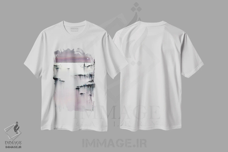 تیشرت سفید طرح دار صورتی شامگاهی II، هنر فاخر معاصر اثر هوم لایک آرت | فروشگاه ایماژ