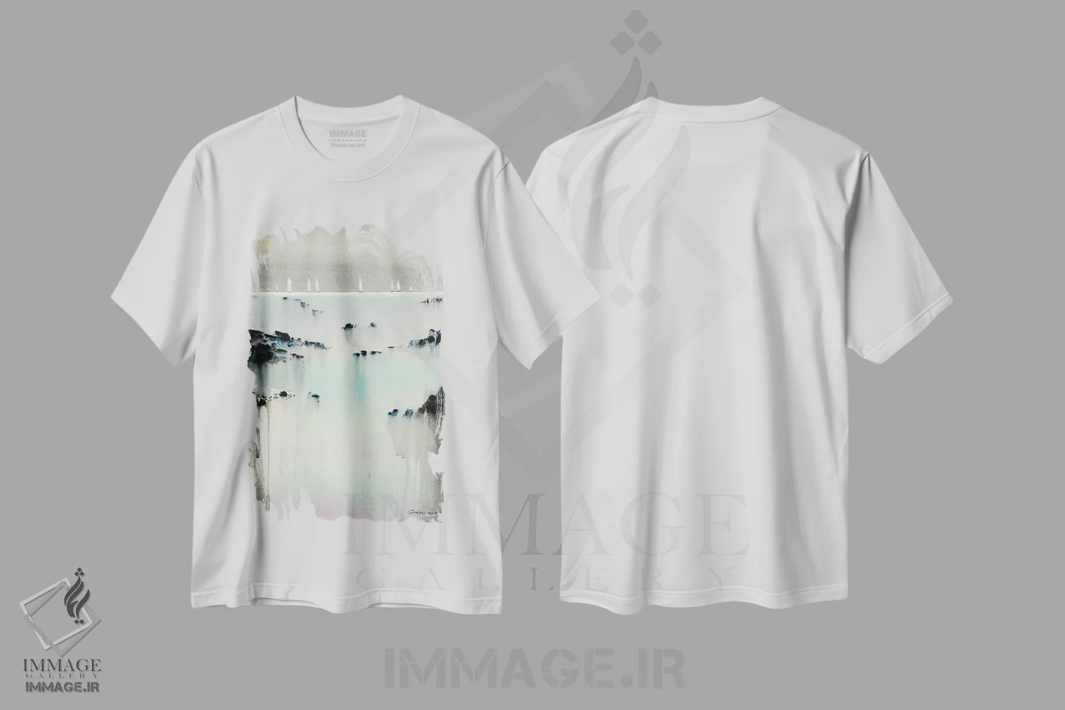 تیشرت سفید طرح دار فیروزه ای شامگاهی I، دکور ساحلی اثر هوم لایک آرت | immage.ir