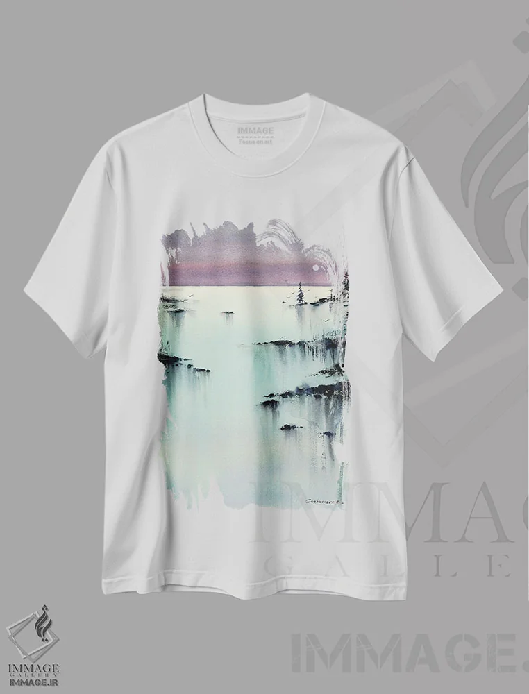 تیشرت سفید طرح دار فیروزه ای شامگاهی III، هنر فاخر معاصر اثر هوم لایک آرت | immage.ir