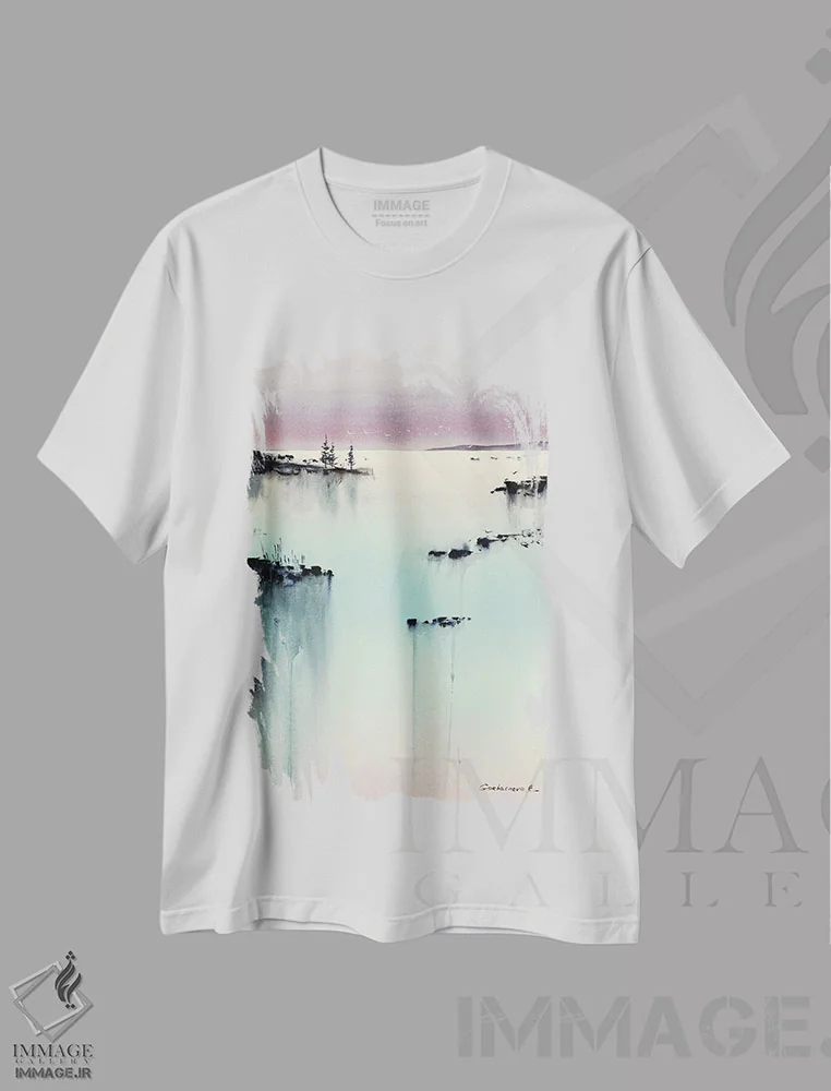 تیشرت سفید طرح دار فیروزه ای شامگاهی II، هنر فاخر معاصر اثر هوم لایک آرت | فروشگاه ایماژ