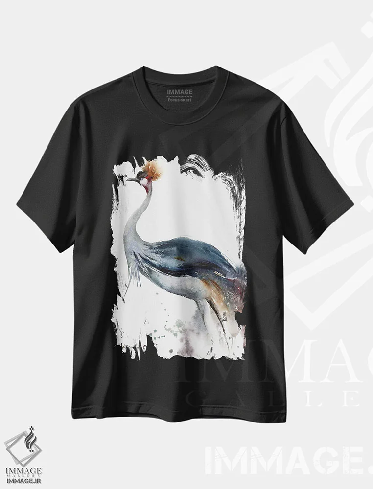 تیشرت مشکی طرح دار درنای تاج خاکستری، هنر فاخر معاصر اثر هوم لایک آرت | immage.ir