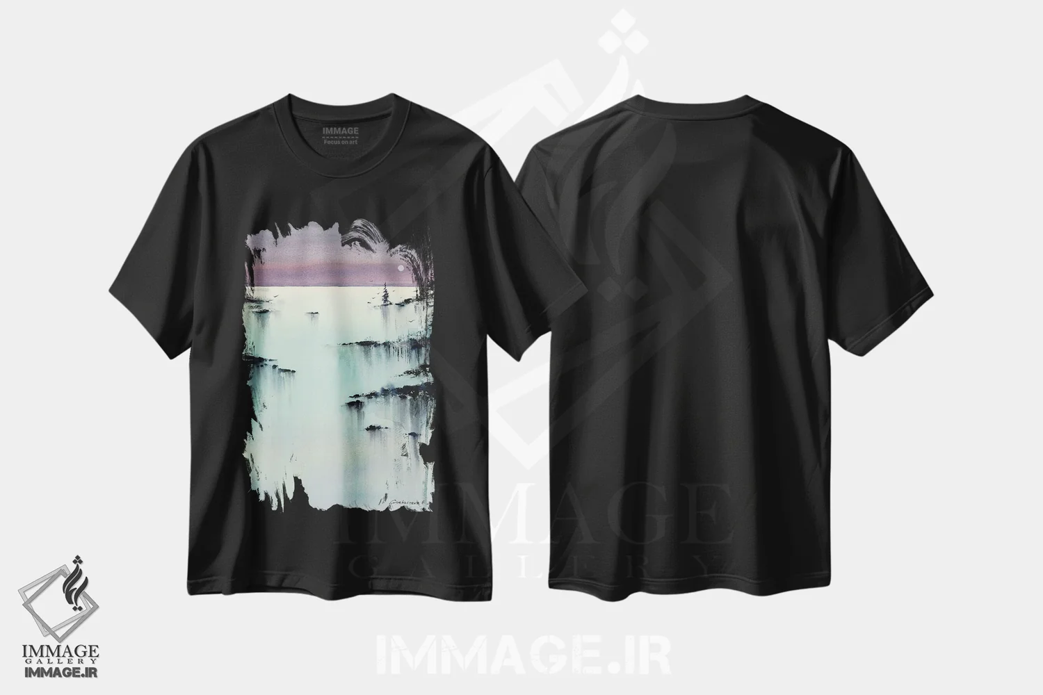 تیشرت مشکی طرح دار فیروزه ای شامگاهی III، هنر فاخر معاصر اثر هوم لایک آرت | فروشگاه ایماژ