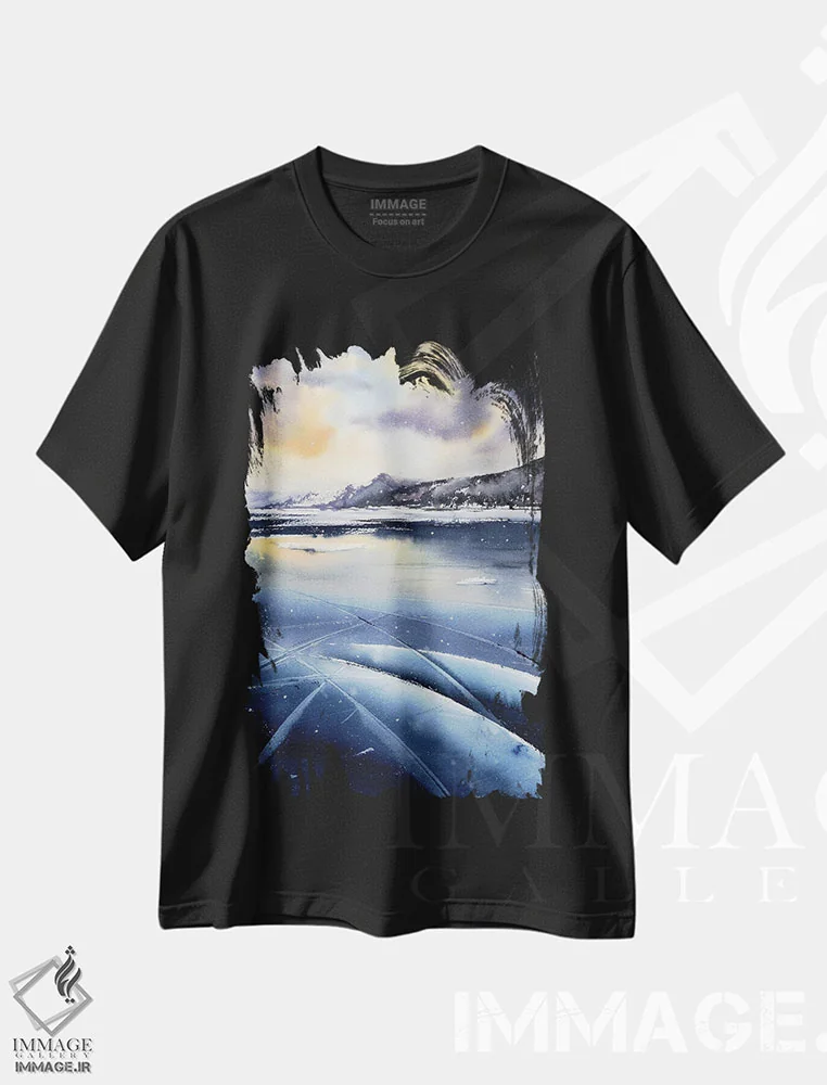 تیشرت مشکی طرح دار بایکال زمستانی، هنر فاخر معاصر اثر هوم لایک آرت | فروشگاه ایماژ