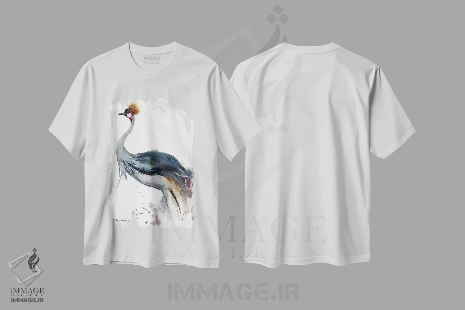 تیشرت سفید طرح دار درنای تاج خاکستری، هنر فاخر معاصر اثر هوم لایک آرت | فروشگاه ایماژ