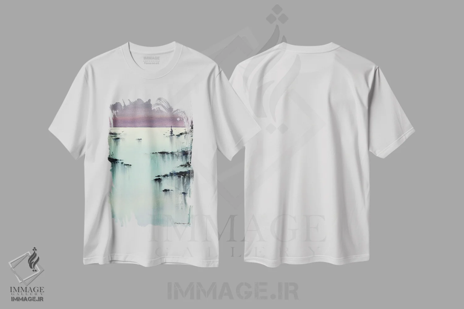 تیشرت سفید طرح دار فیروزه ای شامگاهی III، هنر فاخر معاصر اثر هوم لایک آرت | immage.ir