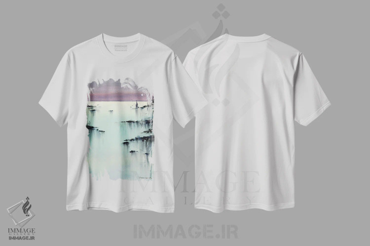تیشرت سفید طرح دار فیروزه ای شامگاهی III، هنر فاخر معاصر اثر هوم لایک آرت | immage.ir