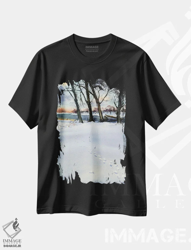 تیشرت مشکی طرح دار رد پا در برف II، هنر فاخر معاصر اثر هوم لایک آرت | فروشگاه ایماژ