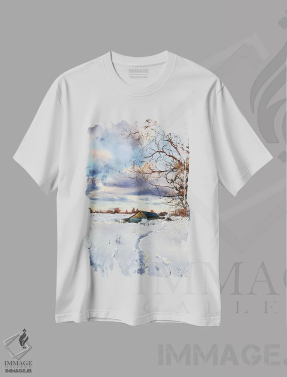 تیشرت سفید طرح دار رد پا در برف I، هنر فاخر معاصر اثر هوم لایک آرت | فروشگاه ایماژ