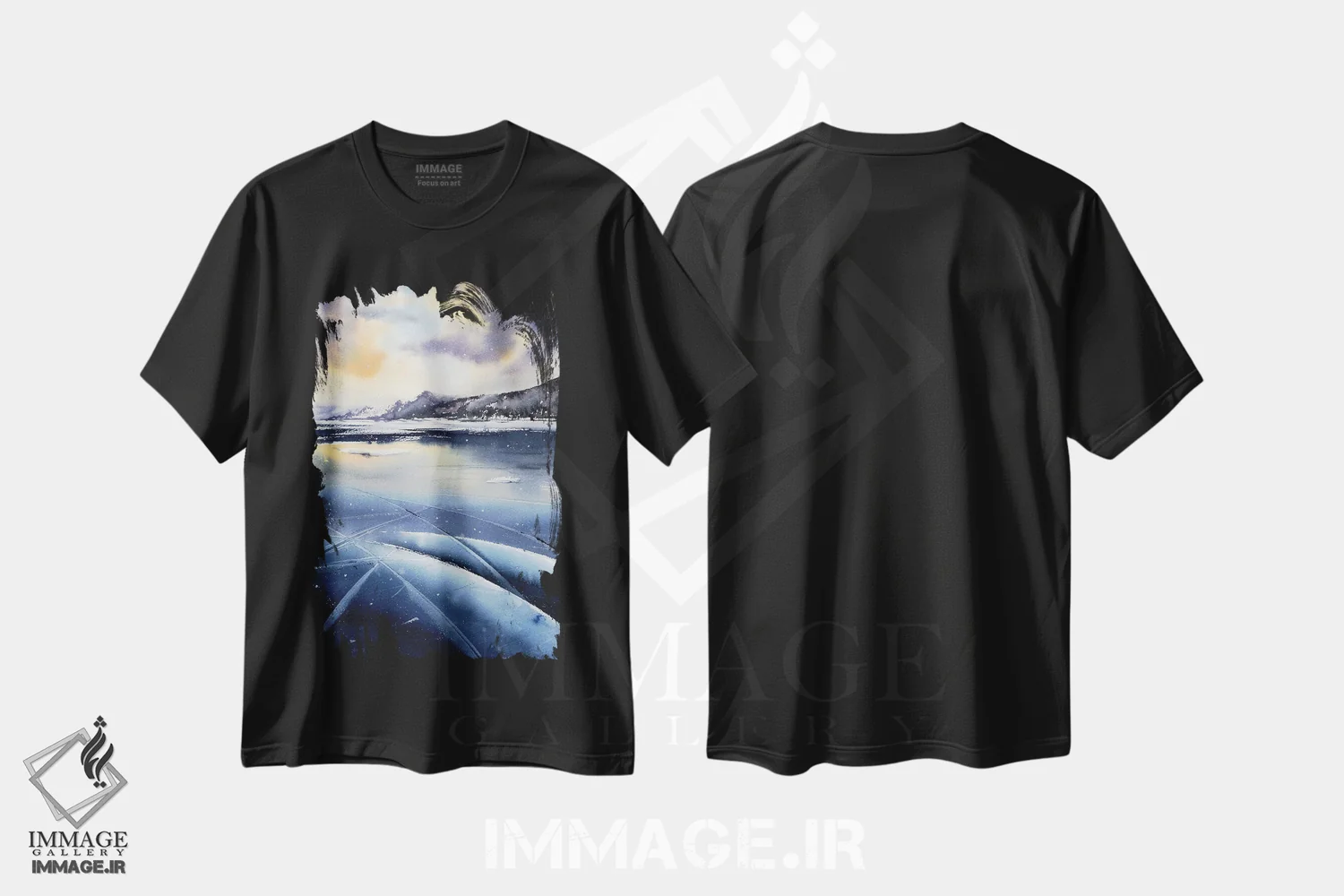 تیشرت مشکی طرح دار بایکال زمستانی، هنر فاخر معاصر اثر هوم لایک آرت | فروشگاه ایماژ