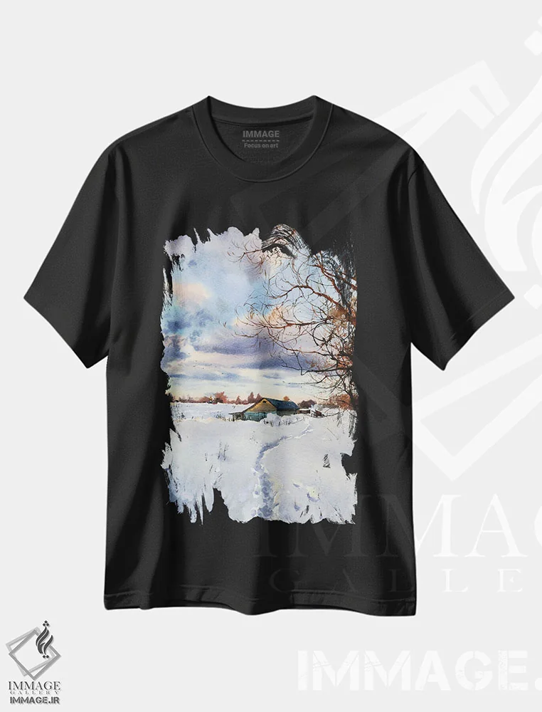 تیشرت مشکی طرح دار رد پا در برف I، هنر فاخر معاصر اثر هوم لایک آرت | immage.ir