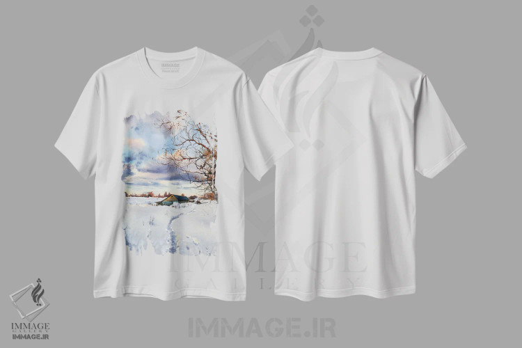 تیشرت سفید طرح دار رد پا در برف I، هنر فاخر معاصر اثر هوم لایک آرت | فروشگاه ایماژ