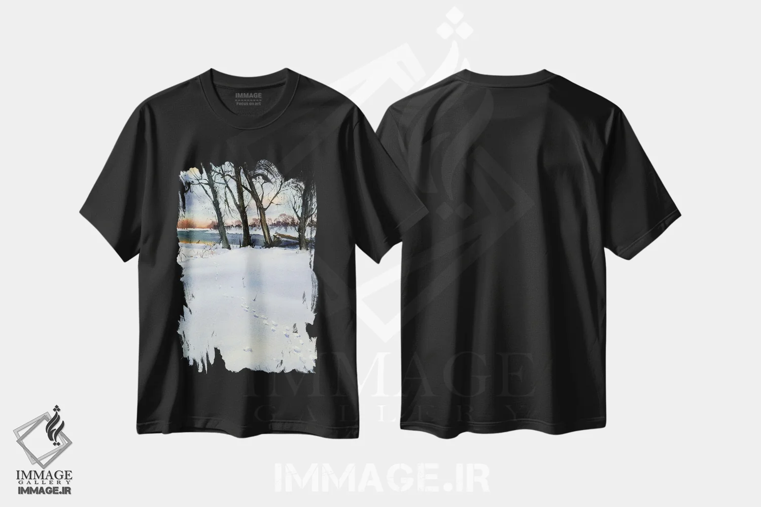 تیشرت مشکی طرح دار رد پا در برف II، هنر فاخر معاصر اثر هوم لایک آرت | فروشگاه ایماژ