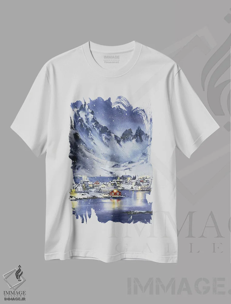 تیشرت سفید طرح دار جزایر لوفوتن، هنر فاخر معاصر اثر هوم لایک آرت | فروشگاه ایماژ
