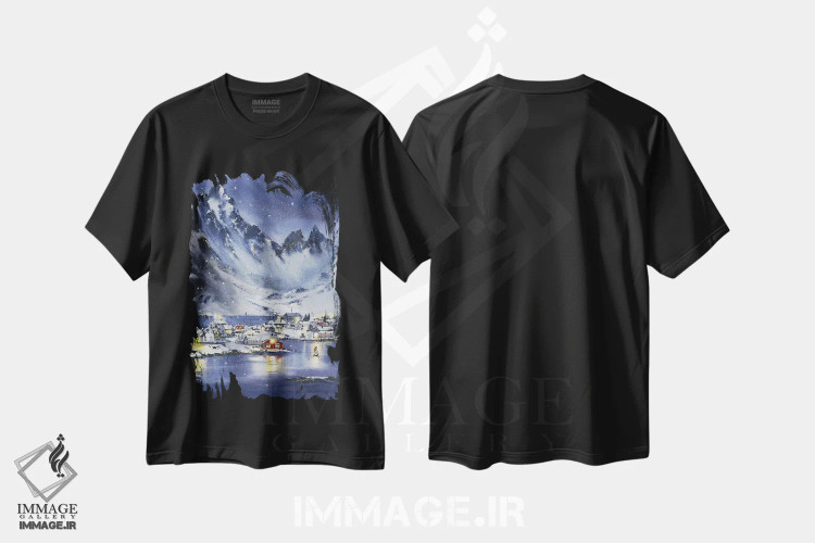 تیشرت مشکی طرح دار جزایر لوفوتن، هنر فاخر معاصر اثر هوم لایک آرت | immage.ir
