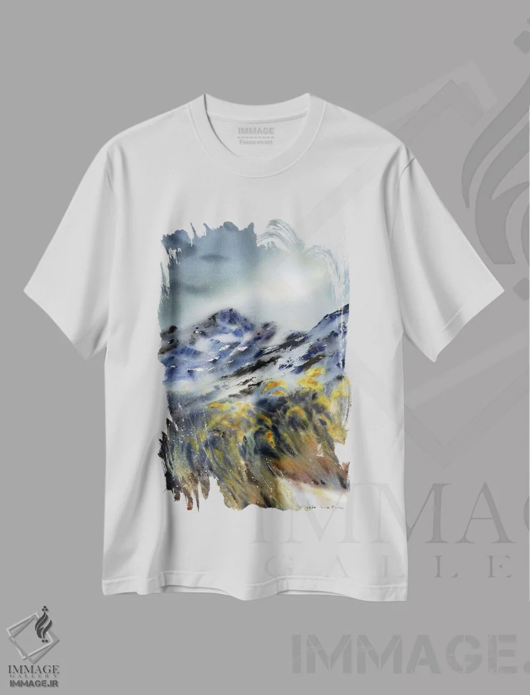 تیشرت سفید طرح دار کوهستان های تیره، هنر فاخر معاصر اثر هوم لایک آرت | immage.ir