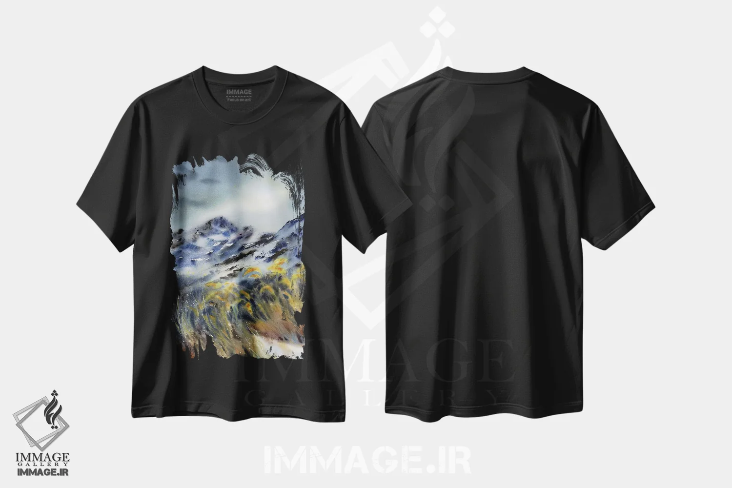 تیشرت مشکی طرح دار کوهستان های تیره، هنر فاخر معاصر اثر هوم لایک آرت | فروشگاه ایماژ