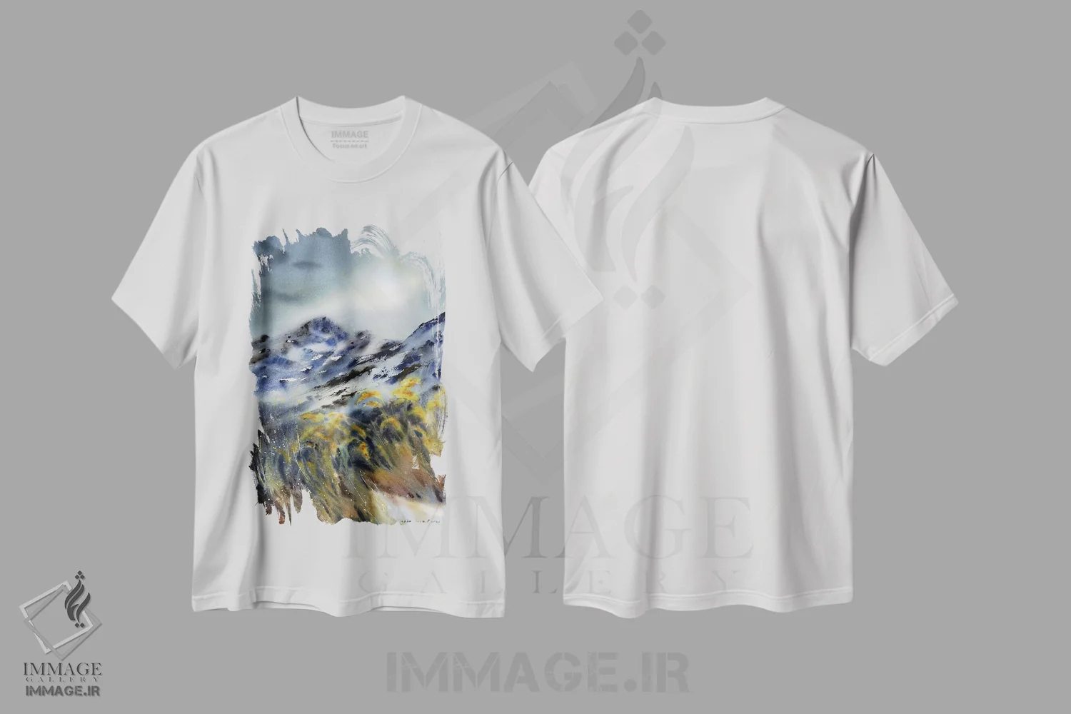 تیشرت سفید طرح دار کوهستان های تیره، هنر فاخر معاصر اثر هوم لایک آرت | immage.ir