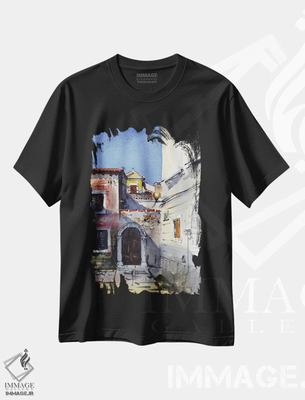 تیشرت مشکی طرح دار شهر قدیمی، هنر فاخر معاصر اثر هوم لایک آرت | فروشگاه ایماژ