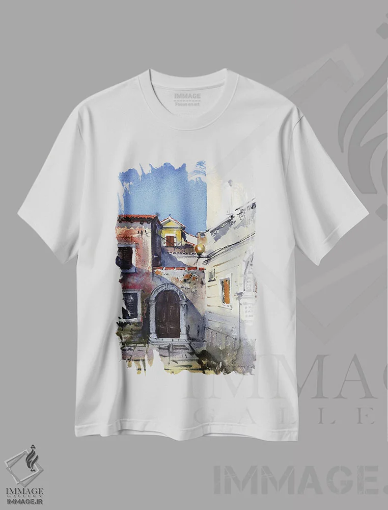 تیشرت سفید طرح دار شهر قدیمی، هنر فاخر معاصر اثر هوم لایک آرت | immage.ir