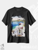 تیشرت مشکی طرح دار جزیره سانتورینی یونان II، هنر فاخر معاصر اثر هوم لایک آرت | فروشگاه ایماژ