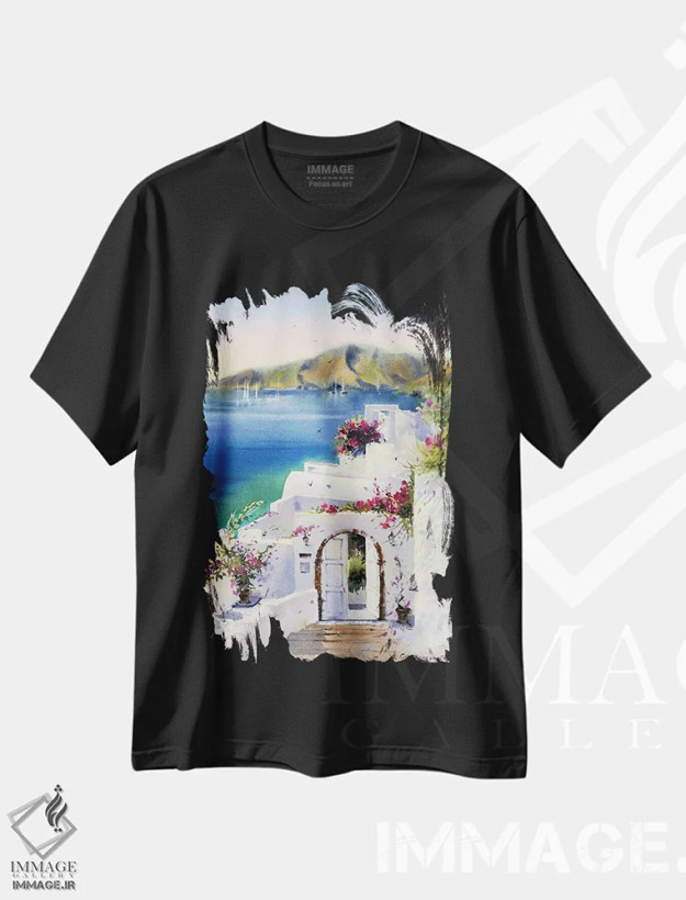 تیشرت مشکی طرح دار جزیره سانتورینی یونان II، هنر فاخر معاصر اثر هوم لایک آرت | فروشگاه ایماژ