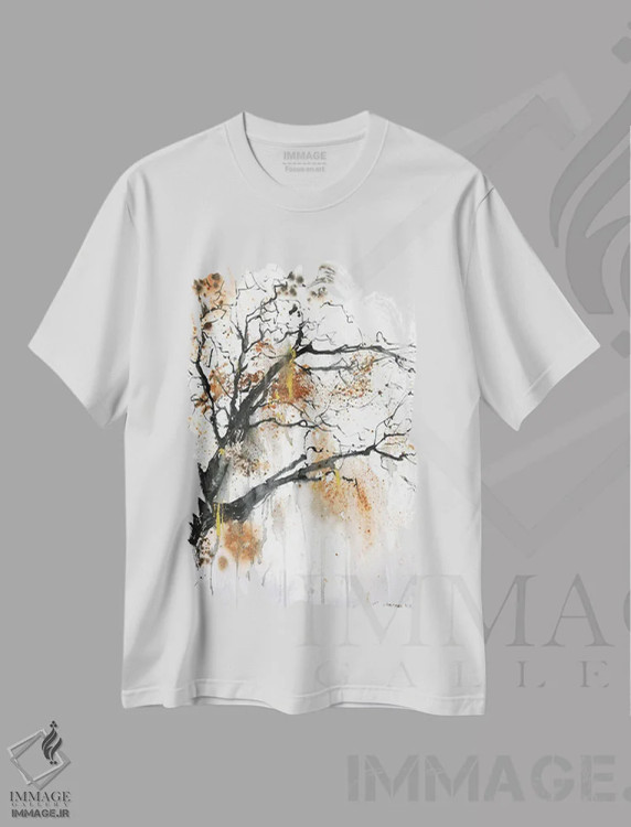 تیشرت سفید طرح دار درخت پاییزی، هنر فاخر معاصر اثر هوم لایک آرت | immage.ir