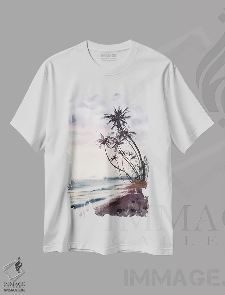 تیشرت سفید طرح دار ساحل نخل، دکور ساحلی اثر هوم لایک آرت | فروشگاه ایماژ