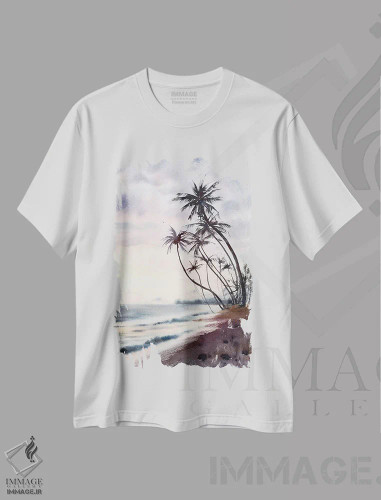 تیشرت سفید طرح دار ساحل نخل، دکور ساحلی اثر هوم لایک آرت | فروشگاه ایماژ