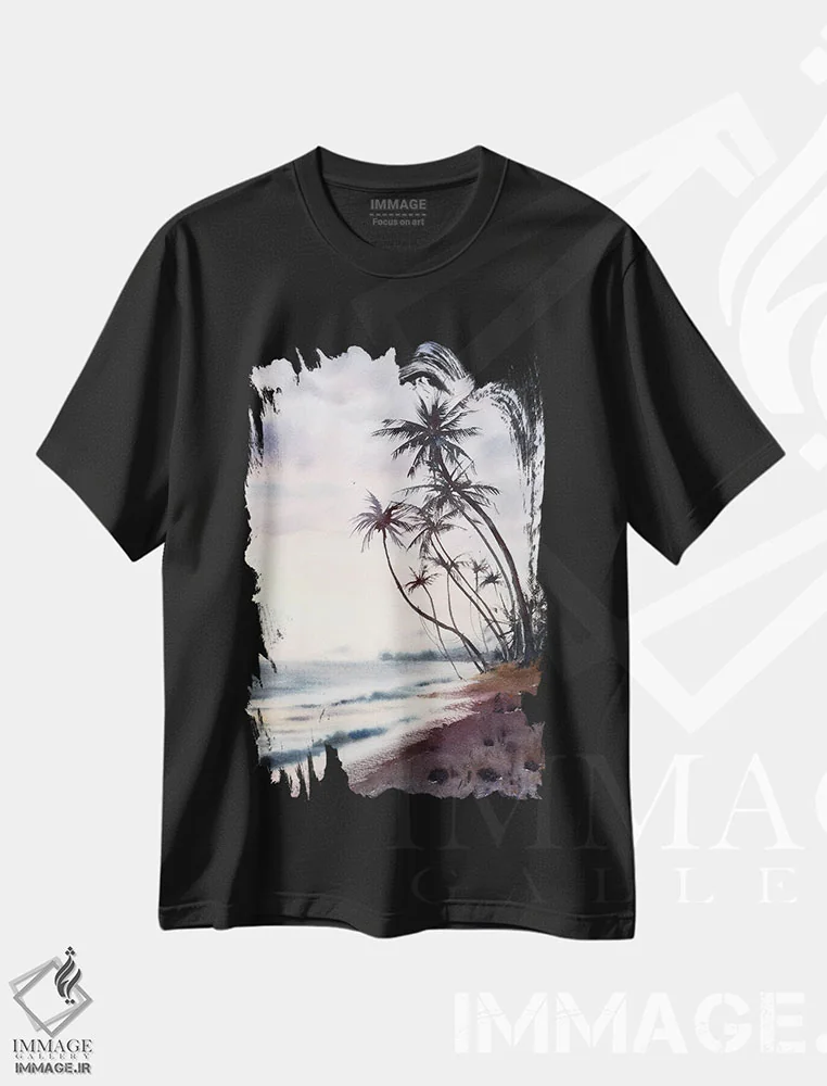تیشرت مشکی طرح دار ساحل نخل، دکور ساحلی اثر هوم لایک آرت | immage.ir