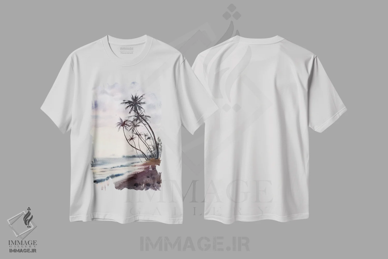 تیشرت سفید طرح دار ساحل نخل، دکور ساحلی اثر هوم لایک آرت | فروشگاه ایماژ