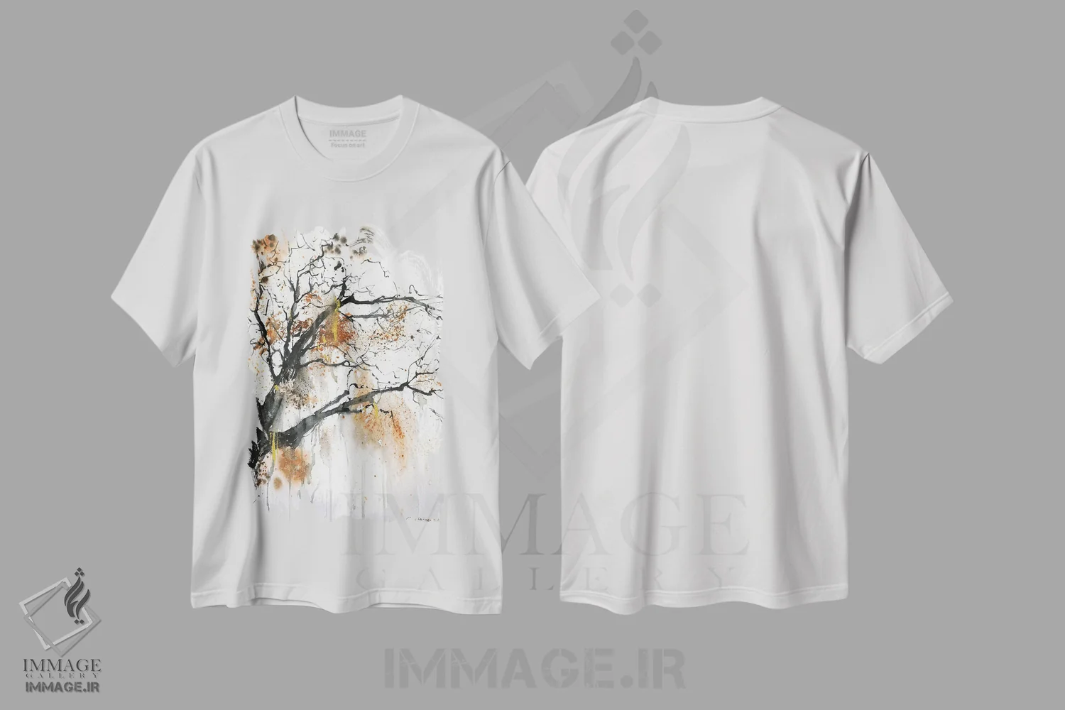 تیشرت سفید طرح دار درخت پاییزی، هنر فاخر معاصر اثر هوم لایک آرت | immage.ir