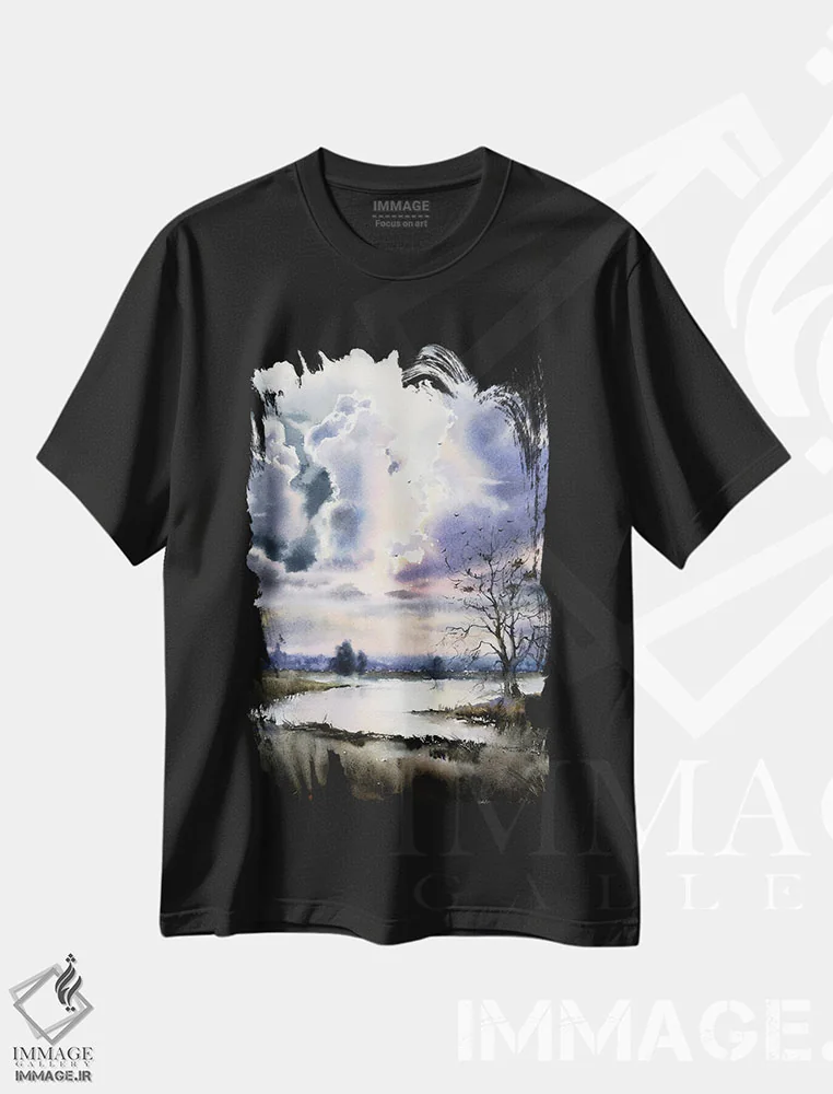 تیشرت مشکی طرح دار رودخانه و ابرها، هنر فاخر معاصر اثر هوم لایک آرت | فروشگاه ایماژ