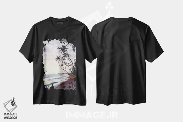 تیشرت مشکی طرح دار ساحل نخل، دکور ساحلی اثر هوم لایک آرت | immage.ir