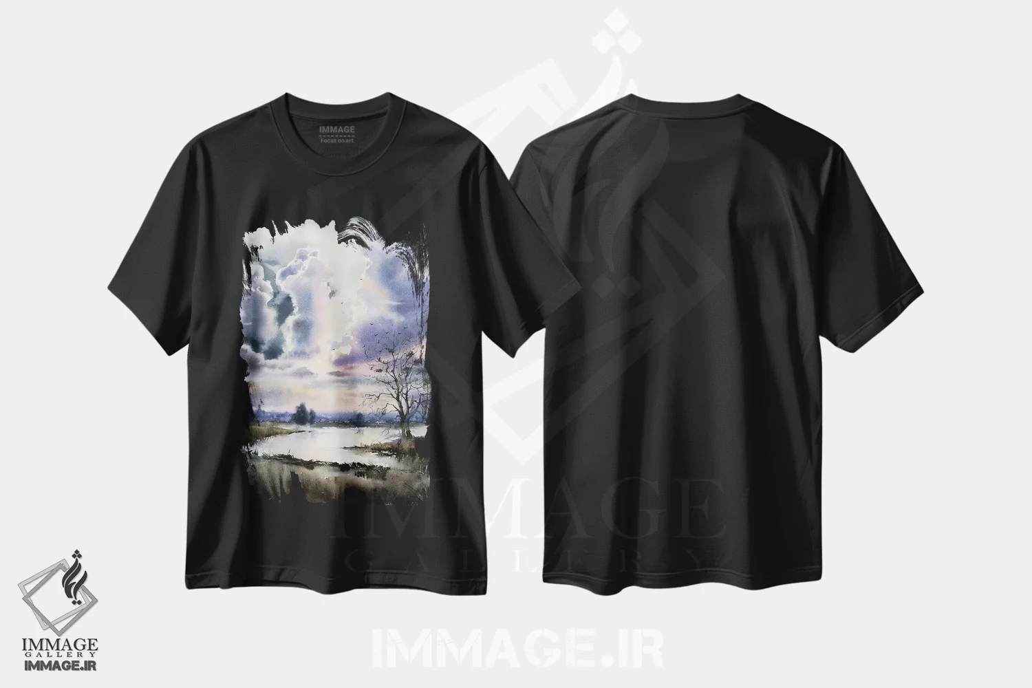تیشرت مشکی طرح دار رودخانه و ابرها، هنر فاخر معاصر اثر هوم لایک آرت | فروشگاه ایماژ