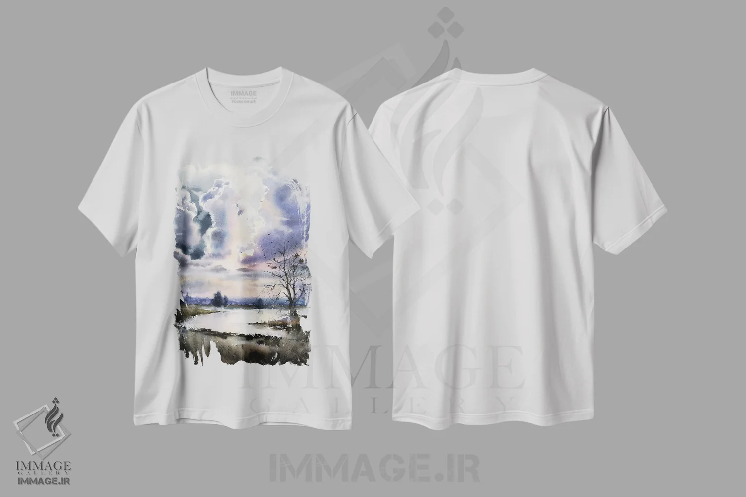 تیشرت سفید طرح دار رودخانه و ابرها، هنر فاخر معاصر اثر هوم لایک آرت | immage.ir