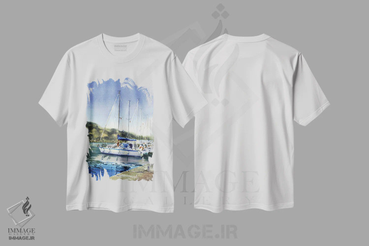 تیشرت سفید طرح دار قایق های پهلوگرفته I، هنر فاخر معاصر اثر هوم لایک آرت | فروشگاه ایماژ