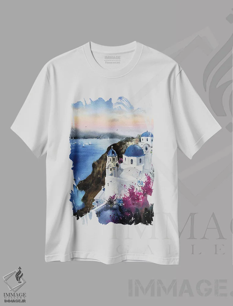 تیشرت سفید طرح دار غروب سانتورینی، یونان، هنر فاخر معاصر اثر هوم لایک آرت | فروشگاه ایماژ