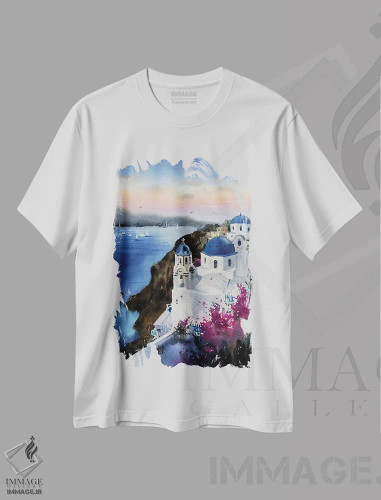 تیشرت سفید طرح دار غروب سانتورینی، یونان، هنر فاخر معاصر اثر هوم لایک آرت | فروشگاه ایماژ