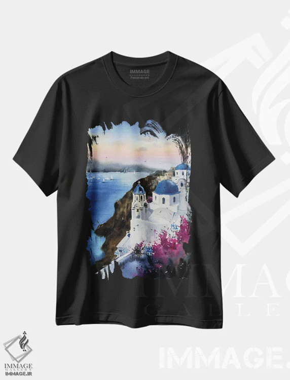 تیشرت مشکی طرح دار غروب سانتورینی، یونان، هنر فاخر معاصر اثر هوم لایک آرت | immage.ir