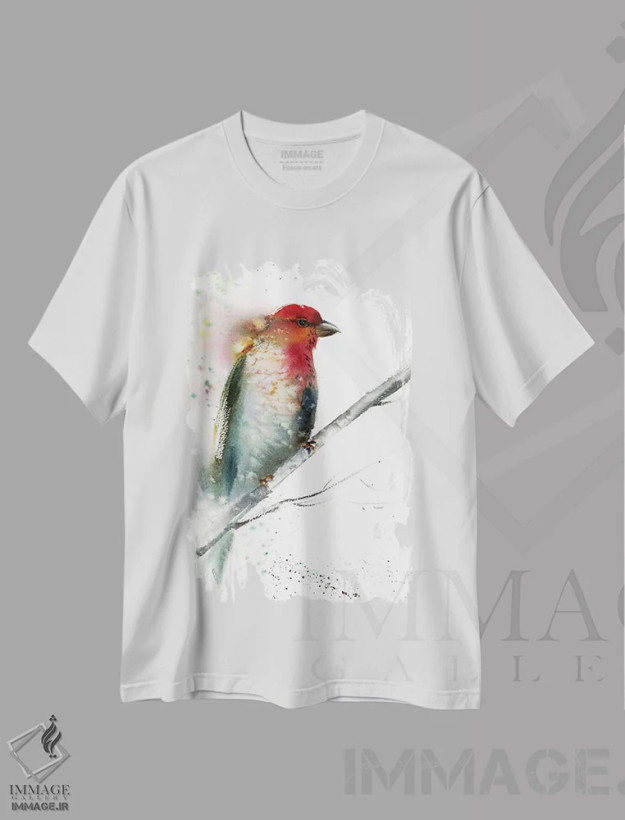 تیشرت سفید طرح دار پرنده قرمز و خاکستری، هنر فاخر معاصر اثر هوم لایک آرت | فروشگاه ایماژ