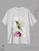 تیشرت سفید طرح دار مرغ مگس خوار و گل، هنر فاخر معاصر اثر هوم لایک آرت | immage.ir