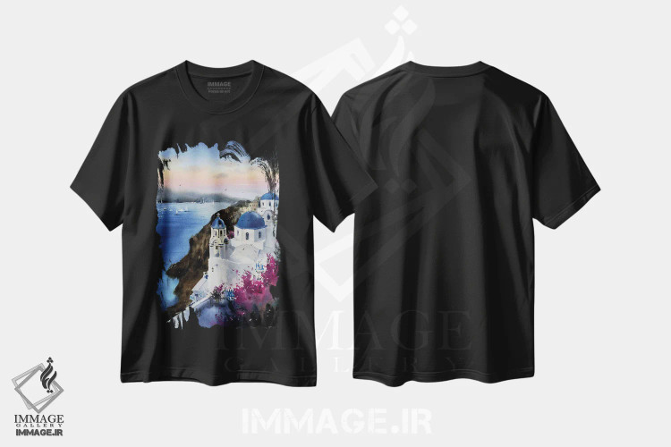 تیشرت مشکی طرح دار غروب سانتورینی، یونان، هنر فاخر معاصر اثر هوم لایک آرت | immage.ir